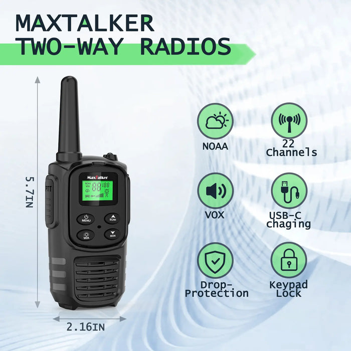 MaxTalker MT10 Walkie Talkies | 22 FRS Channels Rechargeable Two-Way Radio